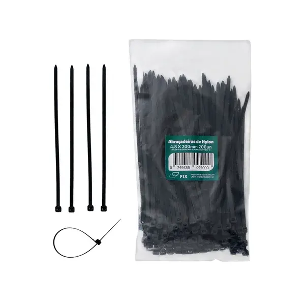 Abraçadeira Nylon 4,8mm x 200mm com 200un Preta